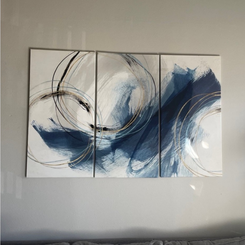 Abstract Blue and Gold Wall Art Triptych